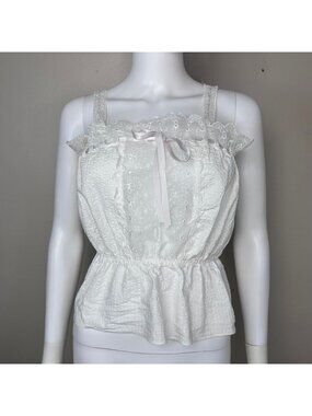 Vintage 1950s White Seersucker Lingerie Tank Top, Peplum Blouse, Lace, Loomcraft